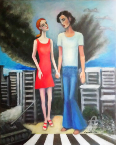 Painting titled "Ils s'aiment" by Lazzate Maral, Original Artwork, Oil Mounted on Wood Stretcher frame