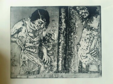 Printmaking titled "A un poêle-prêt" by Bergstrasser Laurent, Original Artwork, Etching Mounted on artwork_cat.