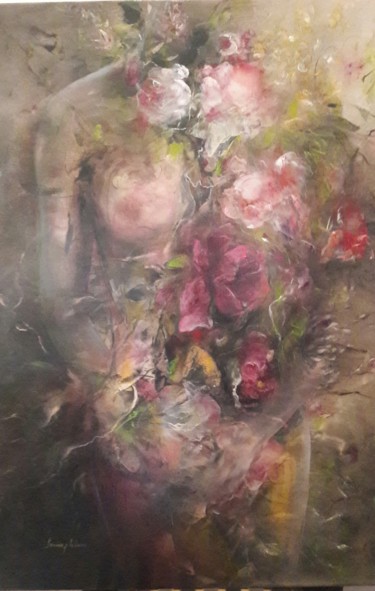 Painting titled "femme-fleurs-hst-60…" by Francette Lebeau, Original Artwork, Oil