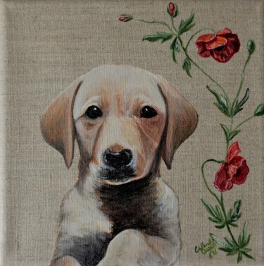 Painting titled "Chiot Labrador" by Laurence De Chabot, Original Artwork, Acrylic Mounted on Wood Stretcher frame
