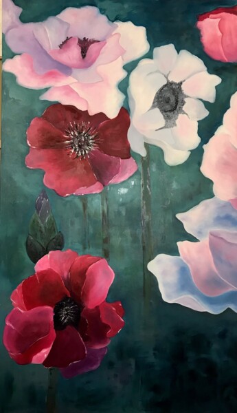 Painting titled "Harmonie de Pavots" by Lydie Thamalet - De Meyer, Original Artwork, Oil Mounted on Wood Stretcher frame