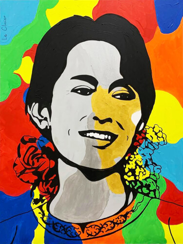 Painting titled "AUNG SAN SUU KYI" by Le Closier, Original Artwork, Acrylic Mounted on Wood Stretcher frame