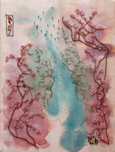 Textielkunst getiteld "Estampe de soie" door Léa Coutureau, Origineel Kunstwerk, Borduurwerk Gemonteerd op Houten paneel