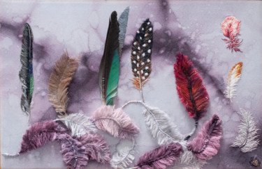 Painting titled "Plumes de marbre" by Léa Coutureau, Original Artwork, Embroidery Mounted on Wood Stretcher frame