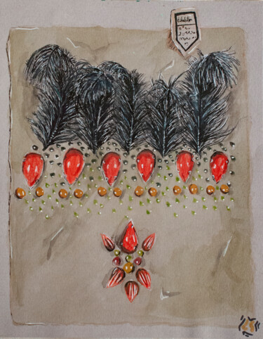 Pintura intitulada "Plumes et cabochons" por Léa Coutureau, Obras de arte originais, Guache
