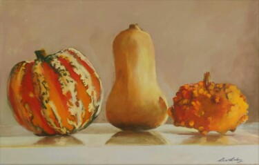 Painting titled "Three pumpkins" by Lea Laboy, Original Artwork, Oil
