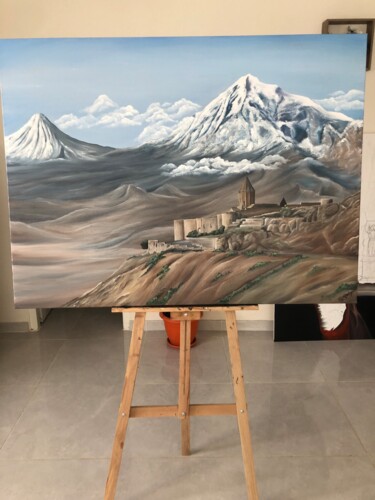 Painting titled "Mont Ararat" by Léa Melkonyan, Original Artwork, Oil Mounted on Wood Stretcher frame