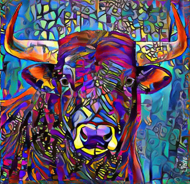 Toro fiesta - Mix media on panel - 70x68 cm-Unique Painting titled "Toro fiesta - Mix m…" by L.Roche, Original Art, Acrylic