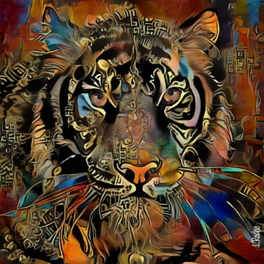 Santoriu, Tiger - Mix media on panel - 70x70 cm-Unique Painting titled "Santoriu, Tiger - M…" by L.Roche, Original Art, Acrylic
