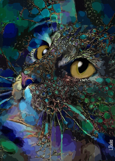 Janaya green , cat - Mix media on panel - 70x50 cm-Unique Картина под названием "Janaya green , cat…" - L.Roche, Подлинное произведение искусства, Акрил