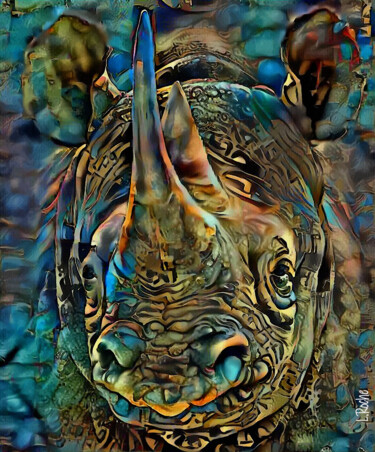 Rhino 750 - Mix media on panel - 70x58 cm-Unique Peinture intitulée "Rhino 750 - Mix me…" par L.Roche, Œuvre d'art originale, Acrylique