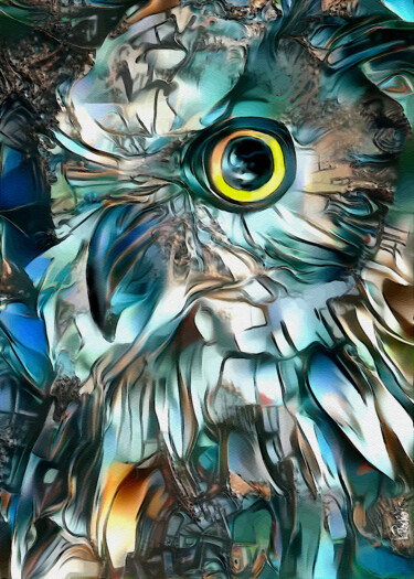 Nuit palace, owl- Mix media on panel - 70x50 cm-OOAK Peinture intitulée "Nuit palace, owl- M…" par L.Roche, Œuvre d'art originale, Acrylique