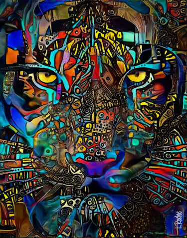 Tigre de Noël - Mix media on panel - 70x55 cm-Unique Картина под названием "Tigre de Noël - Mix…" - L.Roche, Подлинное произведение искусства, Акрил