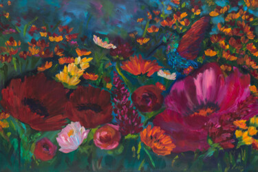 Painting titled "Hummingbird in Spri…" by Leah Marie Goddard, Original Artwork, Acrylic Mounted on Wood Stretcher frame