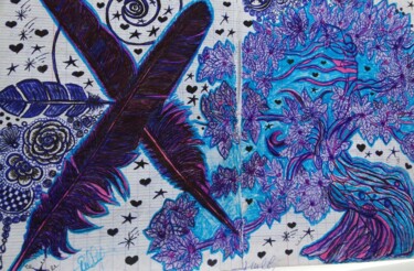Les plumes indigos Dessin intitulée "Les plumes indigos" par Leatitia Guille, Œuvre d'art originale, Stylo gel