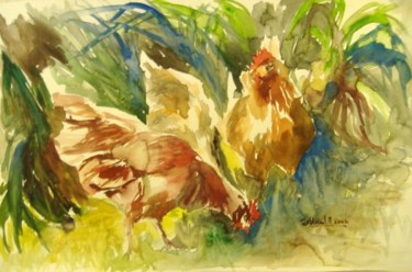 Painting titled "LES TROIS POULES" by Thaline 1, Original Artwork, Oil