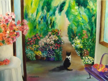 Painting titled "le chat et les 4 ba…" by Thaline 1, Original Artwork, Oil