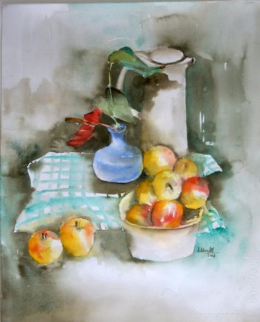 Peinture intitulée "pommes aux anthriums" par Thaline 1, Œuvre d'art originale