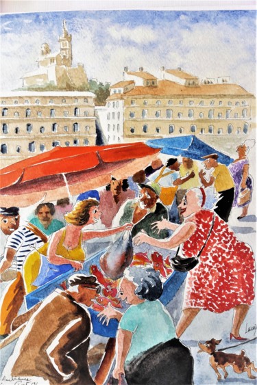 Painting titled "Ambiance Vieux Port…" by Jean Marie Lecoix, Original Artwork, Watercolor