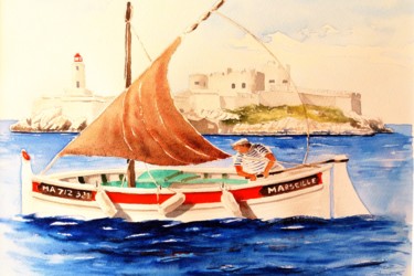 Painting titled "Pêcheur devant le C…" by Jean Marie Lecoix, Original Artwork, Watercolor