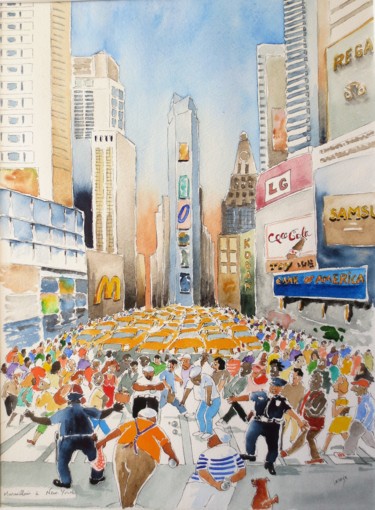 Peinture intitulée "Pétanque à New York" par Jean Marie Lecoix, Œuvre d'art originale, Aquarelle