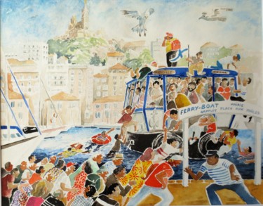 Schilderij getiteld "Le Ferry Boat" door Jean Marie Lecoix, Origineel Kunstwerk, Aquarel