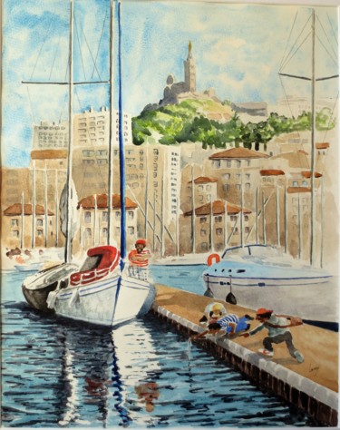 Pintura intitulada "Jeunes pêcheurs sur…" por Jean Marie Lecoix, Obras de arte originais, Aquarela