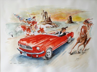 Painting titled "Trois Mustang" by Jean Marie Lecoix, Original Artwork, Watercolor