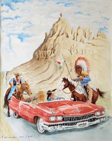 Schilderij getiteld "En Cadillac" door Jean Marie Lecoix, Origineel Kunstwerk, Aquarel