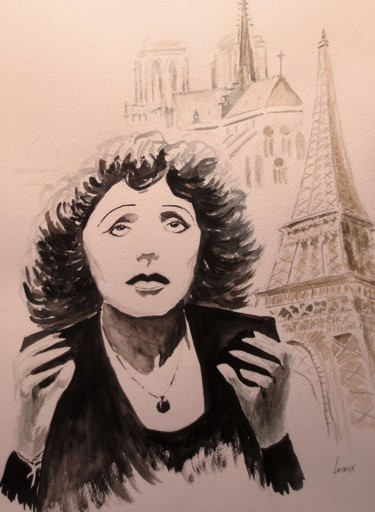 Painting titled "Edith Piaf" by Jean Marie Lecoix, Original Artwork, Watercolor