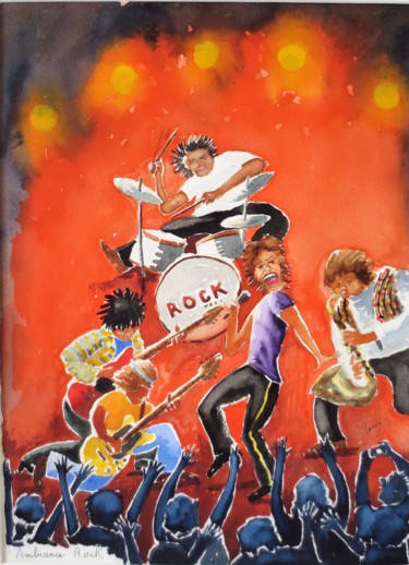 Schilderij getiteld "Orchestre Rock" door Jean Marie Lecoix, Origineel Kunstwerk, Aquarel