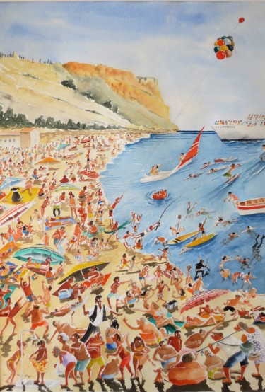 Peinture intitulée "Cassis , la plage" par Jean Marie Lecoix, Œuvre d'art originale, Aquarelle