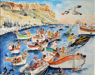 Painting titled "Concours de pêche à…" by Jean Marie Lecoix, Original Artwork, Watercolor