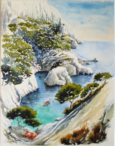Malerei mit dem Titel "Pêcheur d'oursins à…" von Jean Marie Lecoix, Original-Kunstwerk, Aquarell