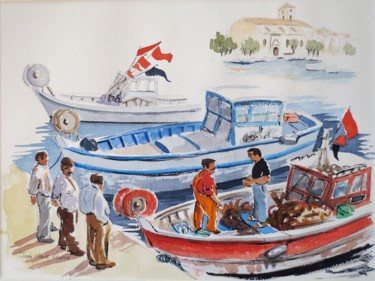 Painting titled "Retour de pêche à L…" by Jean Marie Lecoix, Original Artwork, Watercolor