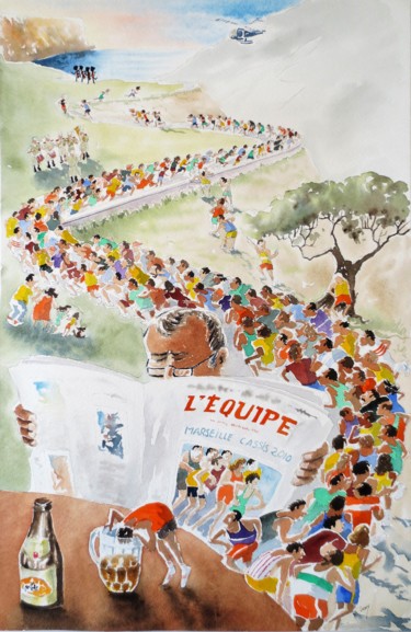 Peinture intitulée "Dans " L'Equipe"" par Jean Marie Lecoix, Œuvre d'art originale, Aquarelle