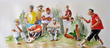 Painting titled "Jeu de boules, Le T…" by Jean Marie Lecoix, Original Artwork, Watercolor