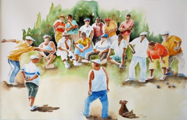 Painting titled "La Pétanque" by Jean Marie Lecoix, Original Artwork, Watercolor