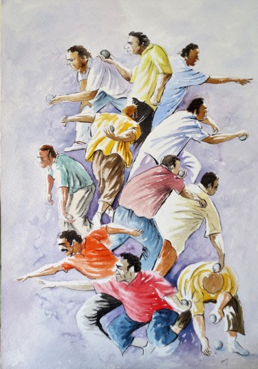 Painting titled "Joueurs de Boules" by Jean Marie Lecoix, Original Artwork, Watercolor