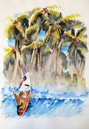 Painting titled "Le Surf" by Jean Marie Lecoix, Original Artwork, Watercolor