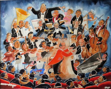 Schilderij getiteld "L'Orchestre Symphon…" door Jean Marie Lecoix, Origineel Kunstwerk, Aquarel