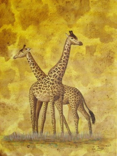 Painting titled "Deux girafe" by Michel Le Darz, Original Artwork