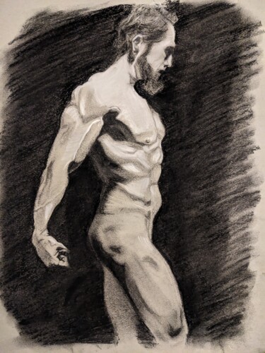 Zeichnungen mit dem Titel "Male figure nude" von Lee Davison, Original-Kunstwerk, Kohle