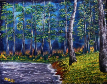 Schilderij getiteld "Dark Forest" door Lee Nganga, Origineel Kunstwerk, Olie Gemonteerd op Frame voor houten brancard