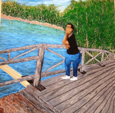 Картина под названием "Lady on Bridge" - Lee Nganga, Подлинное произведение искусства, Масло Установлен на Деревянная рама д…