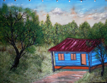 Painting titled "FOREST CABIN.jpg" by Lee Nganga, Original Artwork, Oil Mounted on Wood Stretcher frame