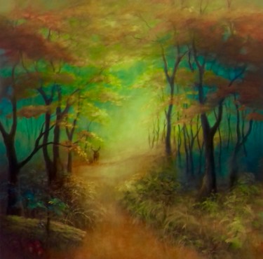 Painting titled "Gardien de la Forêt" by Lee Campbell, Original Artwork, Oil Mounted on Wood Stretcher frame