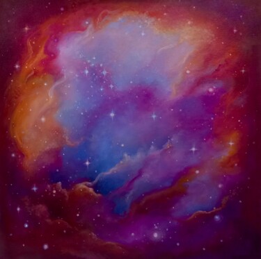 Painting titled "Nebula Carmine" by Lee Campbell, Original Artwork, Oil Mounted on Wood Stretcher frame