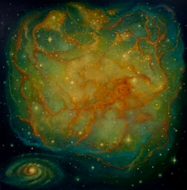 Painting titled "Nebula Emerald" by Lee Campbell, Original Artwork, Oil Mounted on Wood Stretcher frame