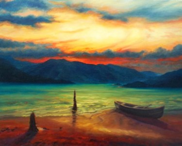 Malarstwo zatytułowany „Loch Morar - Sunset…” autorstwa Lee Campbell, Oryginalna praca, Olej